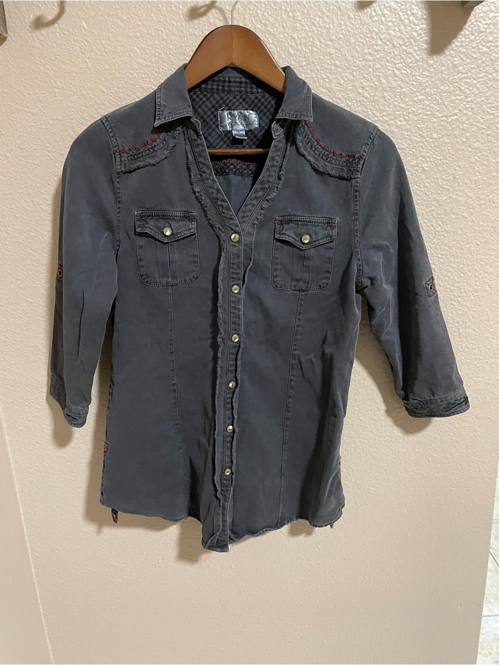 Womens Gray Button-Down Shirt with Front Pockets
